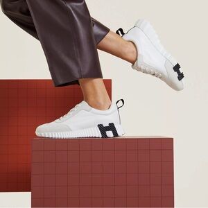Hermes Bounving White Sneakers with Black Heel H Accent
